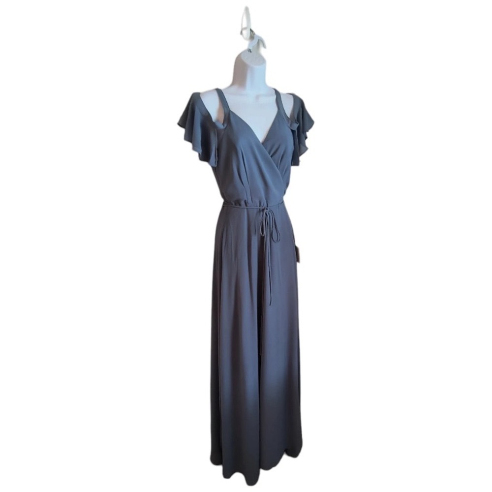 Lulus Easy Listening Maxi Wrap Dress Gown Women's SMALL Gray-Blue Cold Shoulder